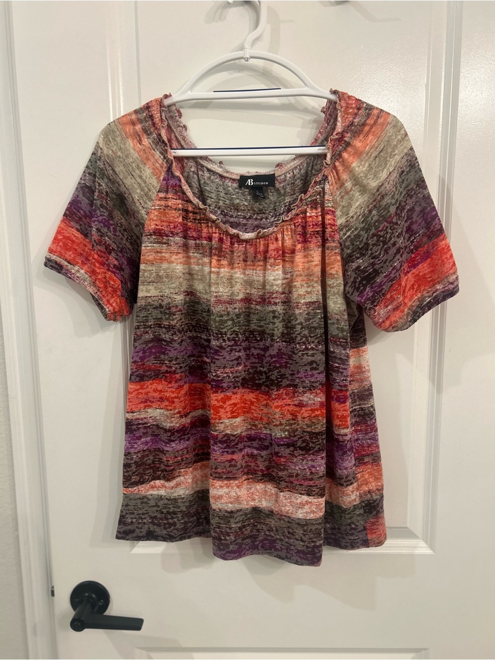 AB Studio Women's Multicolor Striped Short Sleeve Top - Orange/Purple